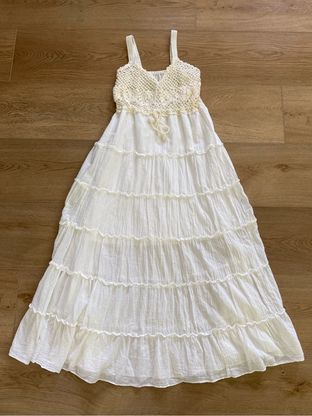 Boho Cottagecore Crochet Tiered Maxi Dress White Beach Festival Small